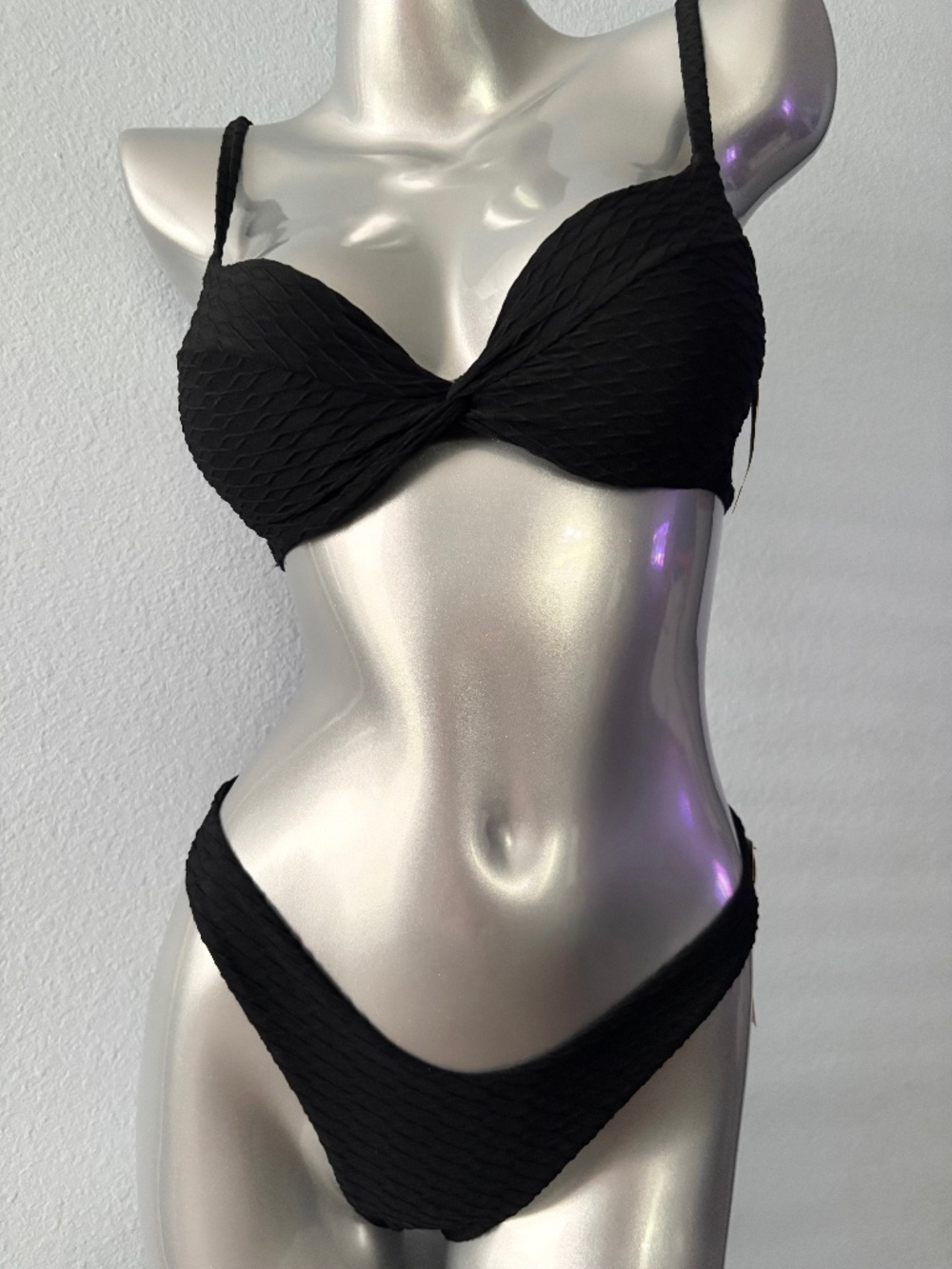 Victoria's Secret Swim Bikini Set Black Textured Push Up + Brazilian Nwt 32DD XS